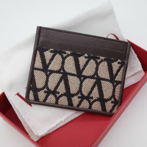 Valentino范倫鐵諾 Toile Iconographe 立體 Logo 棕色 米白色 帆布 牛皮 卡夾