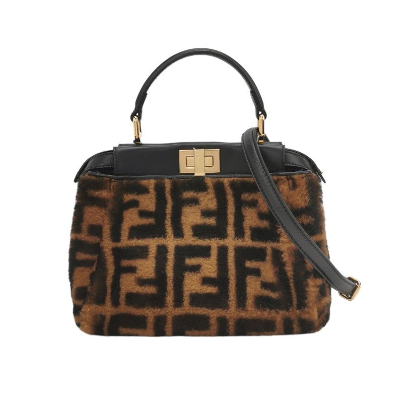 Fendi Peekaboo躲貓貓迷你羊皮雙F老花扭鎖扭鎖斜挎包單肩包-0