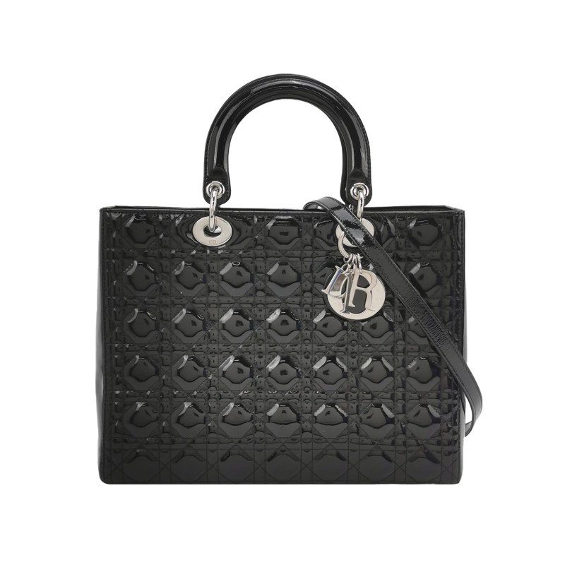 Dior Lady Dior戴妃包大號漆皮藤格紋字母Logo吊飾斜挎包單肩包-0