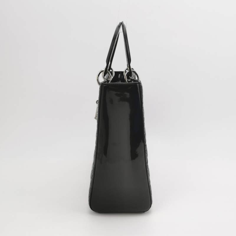 Dior Lady Dior戴妃包大號漆皮藤格紋字母Logo吊飾斜挎包單肩包-2