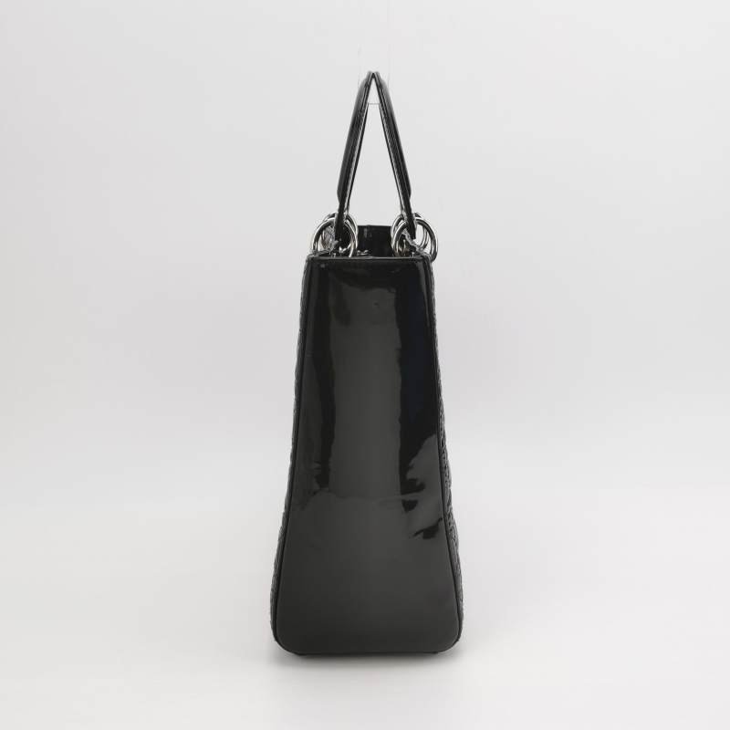 Dior Lady Dior戴妃包大號漆皮藤格紋字母Logo吊飾斜挎包單肩包-3