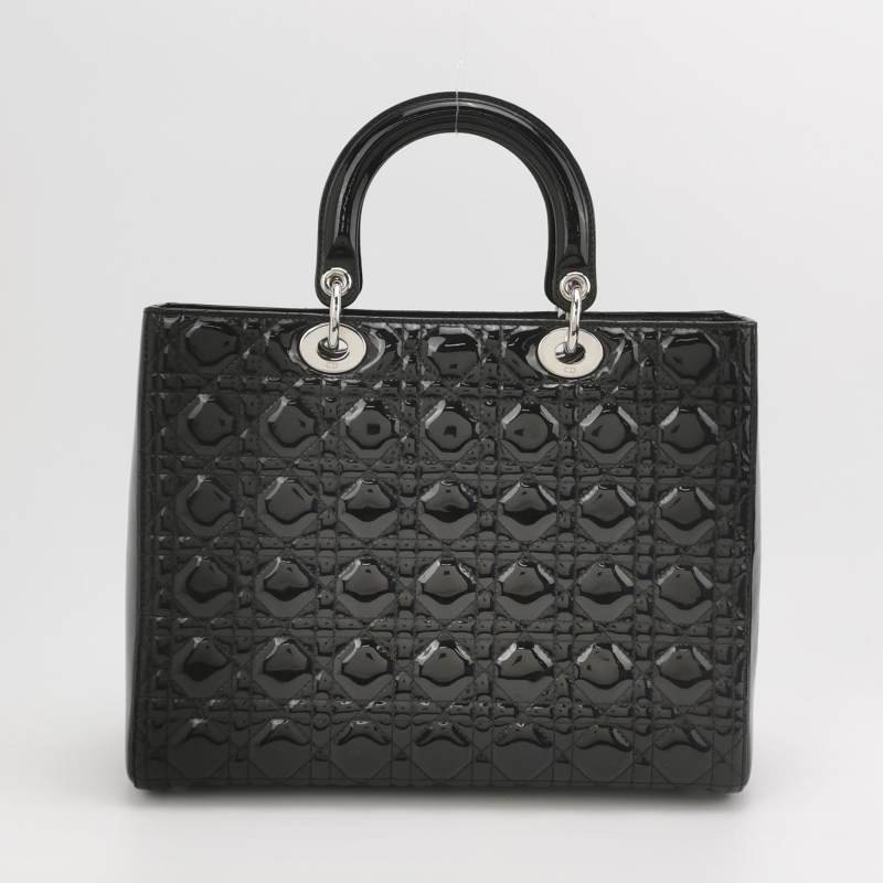 Dior Lady Dior戴妃包大號漆皮藤格紋字母Logo吊飾斜挎包單肩包-4