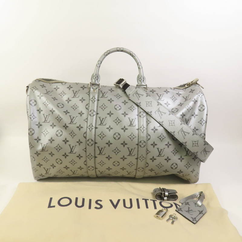 LOUIS VUITTON Mono Metallic Silver Keepall 50 Bandoulie銀扣手挽肩背兩用袋-11