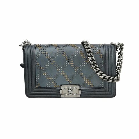 Chanel Leboy季節限定款中號牛皮釘珠裝飾方形雙C鎖扣單肩包