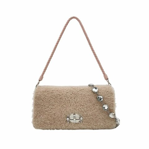 Miu Miu Miu Crystal系列羊皮毛絨珩縫鑽飾單肩包
