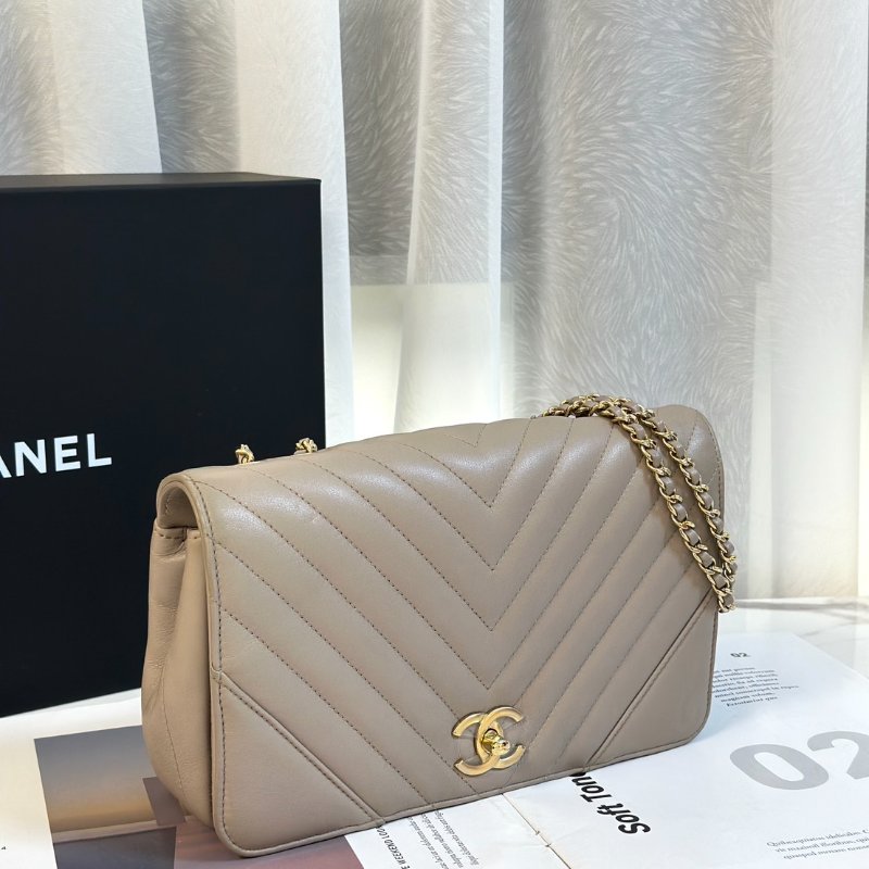 CHANEL V紋牛皮單肩包 - 米灰24開-2