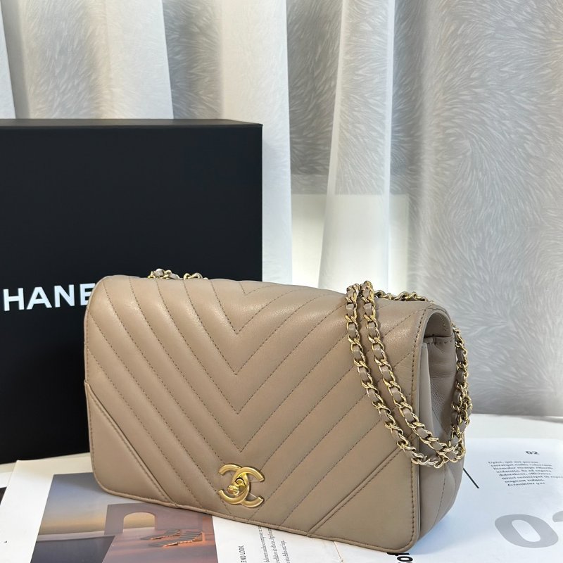 CHANEL V紋牛皮單肩包 - 米灰24開-3