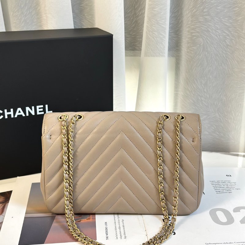 CHANEL V紋牛皮單肩包 - 米灰24開-4