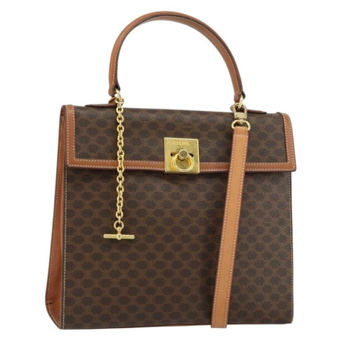 CELINE Macadam帆布手提包 PVC皮革 2way Brown Gold Auth am10255V