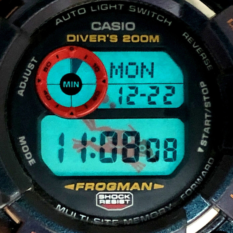 卡西歐 G-SHOCK GW-201-6 FROGMAN 毒蛙人 Majola 色 Tough Solar 太陽能偏光塗層 Masked EL 背光,2001 年 8 月發售,Mikunigaoka 專賣店-8