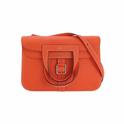 Hermes Halzan31馬鐙形手柄斜挎包單肩包Clemence(TC)牛皮銀扣9J火焰橙T刻