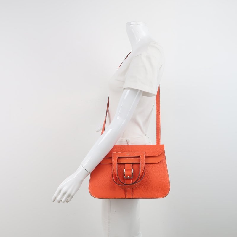 Hermes Halzan31馬鐙形手柄斜挎包單肩包Clemence(TC)牛皮銀扣9J火焰橙T刻-1