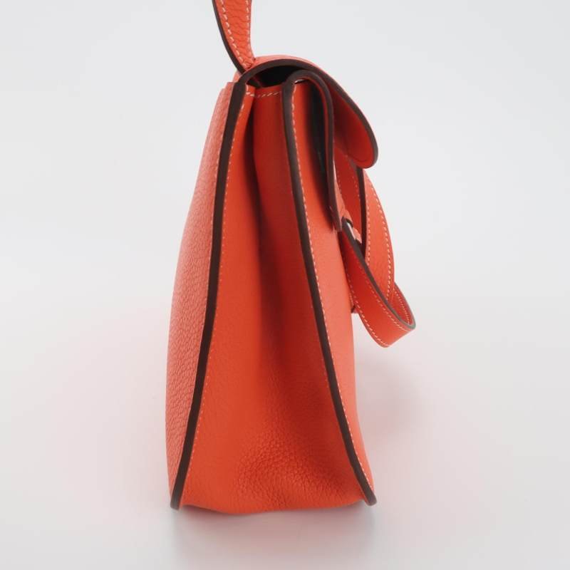 Hermes Halzan31馬鐙形手柄斜挎包單肩包Clemence(TC)牛皮銀扣9J火焰橙T刻-3
