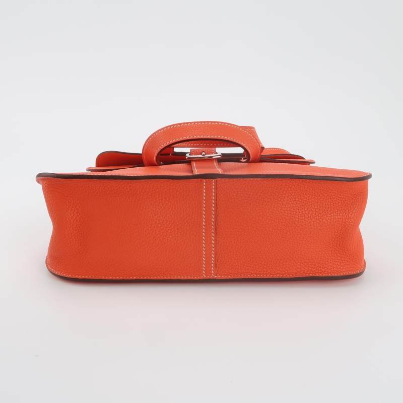 Hermes Halzan31馬鐙形手柄斜挎包單肩包Clemence(TC)牛皮銀扣9J火焰橙T刻-5