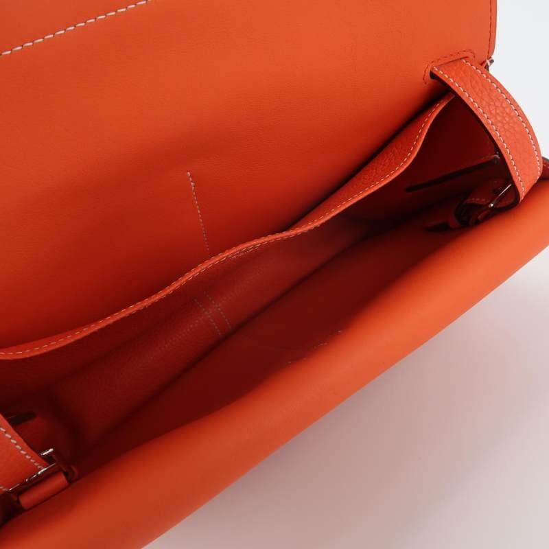 Hermes Halzan31馬鐙形手柄斜挎包單肩包Clemence(TC)牛皮銀扣9J火焰橙T刻-6