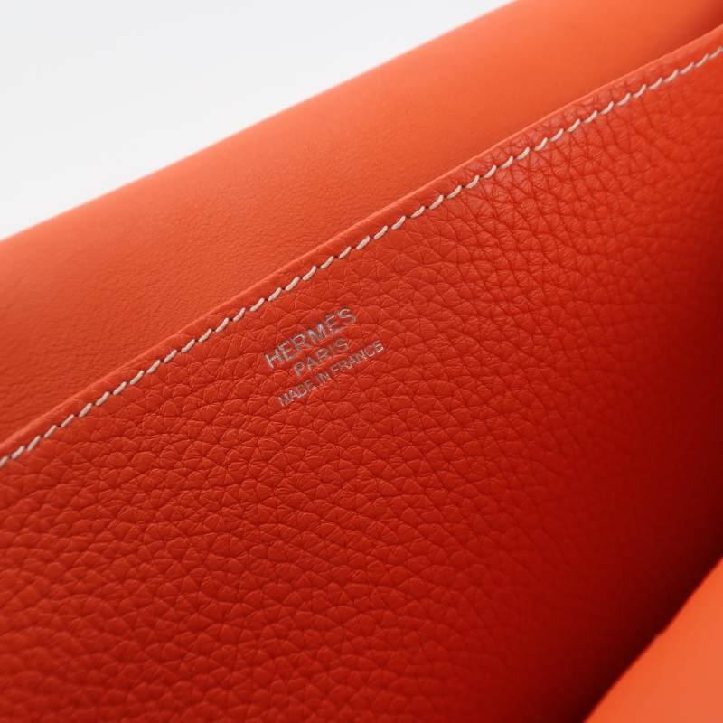 Hermes Halzan31馬鐙形手柄斜挎包單肩包Clemence(TC)牛皮銀扣9J火焰橙T刻-7