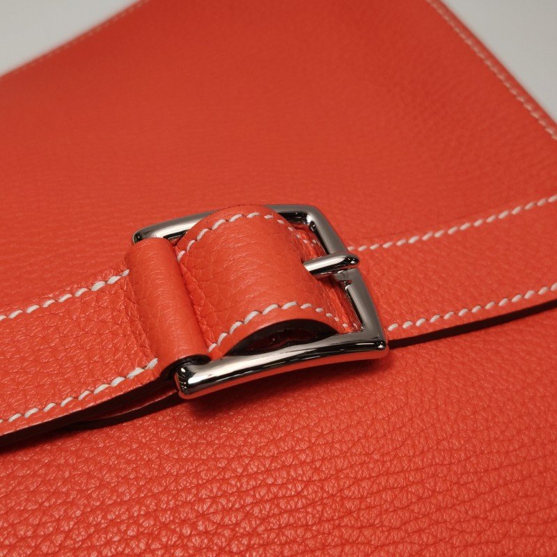 Hermes Halzan31馬鐙形手柄斜挎包單肩包Clemence(TC)牛皮銀扣9J火焰橙T刻-9