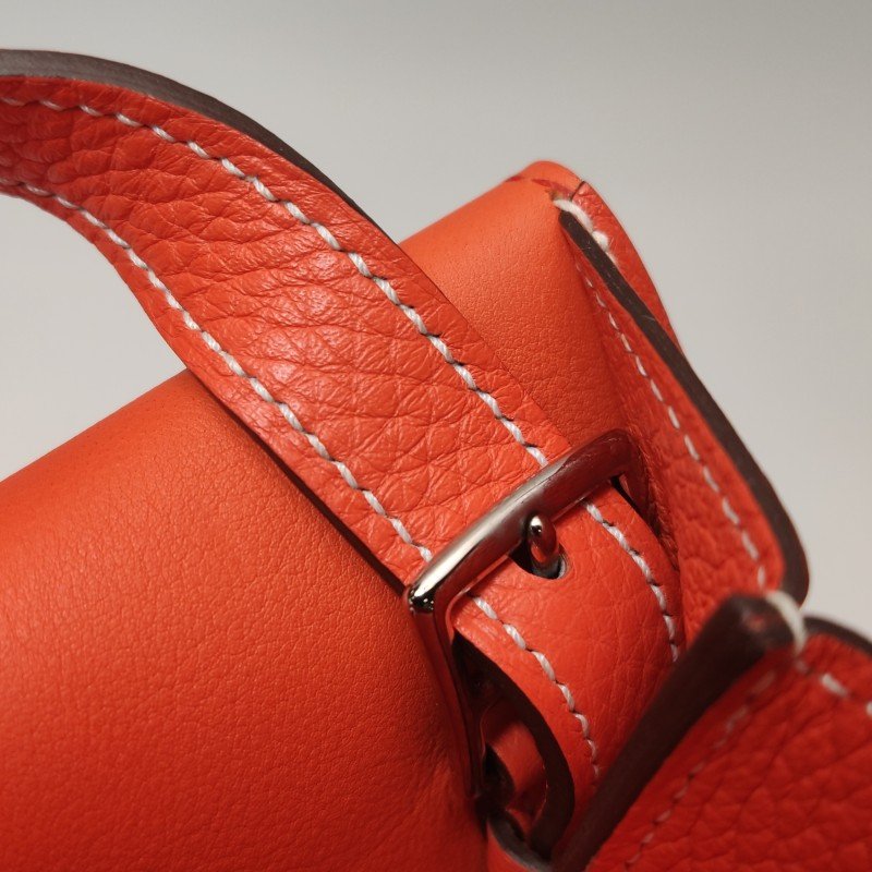 Hermes Halzan31馬鐙形手柄斜挎包單肩包Clemence(TC)牛皮銀扣9J火焰橙T刻-10