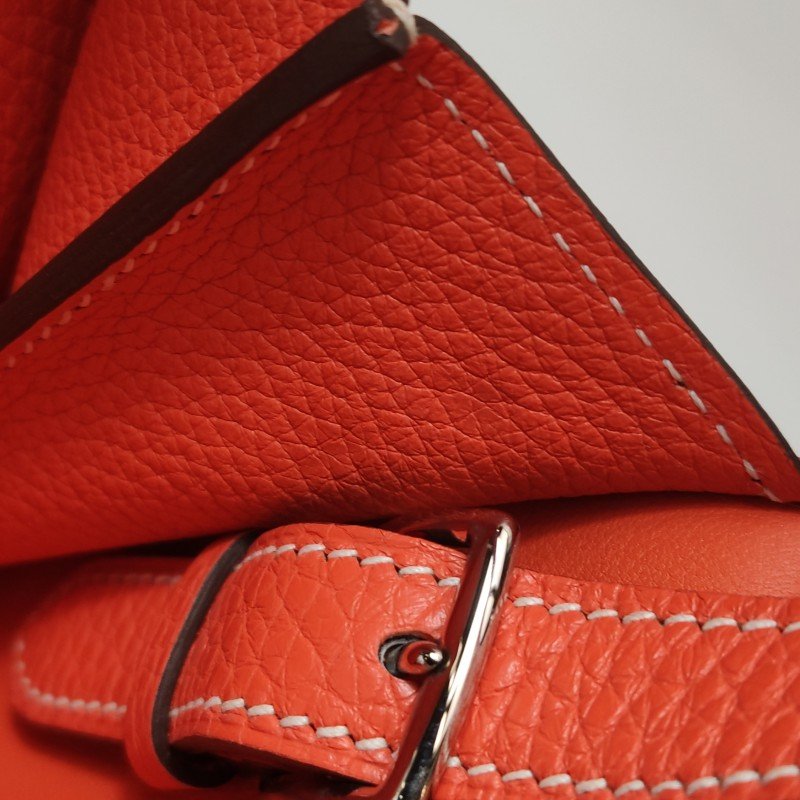 Hermes Halzan31馬鐙形手柄斜挎包單肩包Clemence(TC)牛皮銀扣9J火焰橙T刻-13
