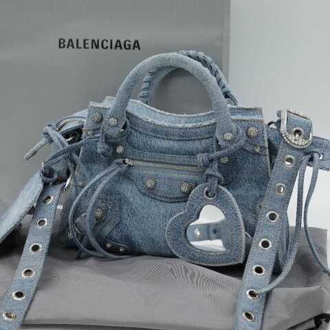 超級新【甜酷必選🌟小編推薦】Balenciaga 巴黎世家 Neo Cagole XS 丹寧藍 水鑽 單肩 手提包