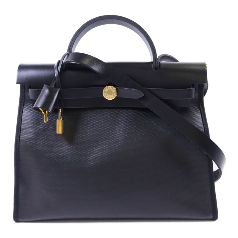 HERMES 塗層帆布Herbag PM金扣手挽肩背兩用袋Noir-0