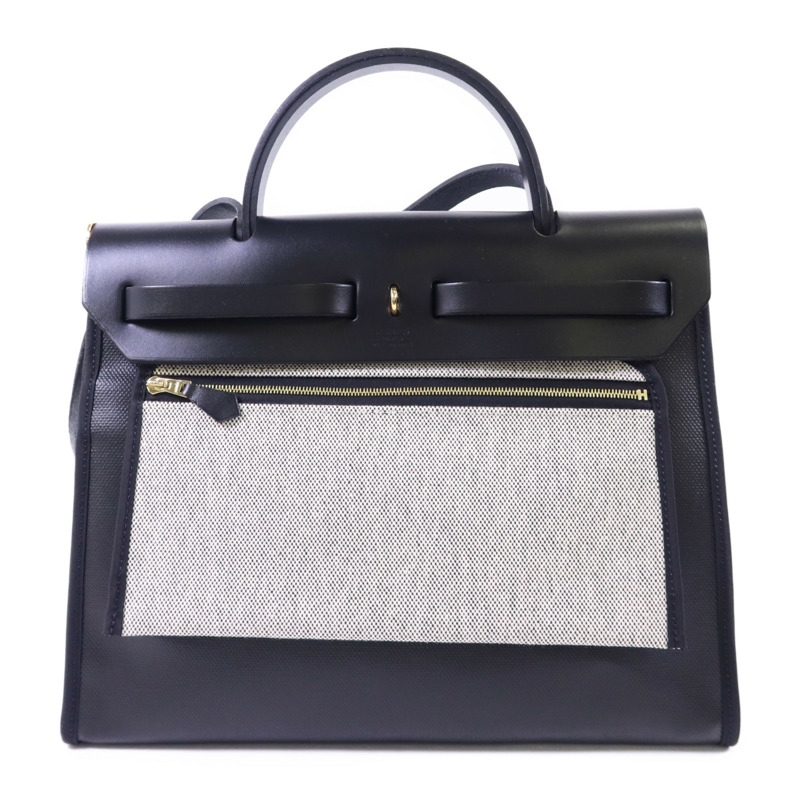 HERMES 塗層帆布Herbag PM金扣手挽肩背兩用袋Noir-1