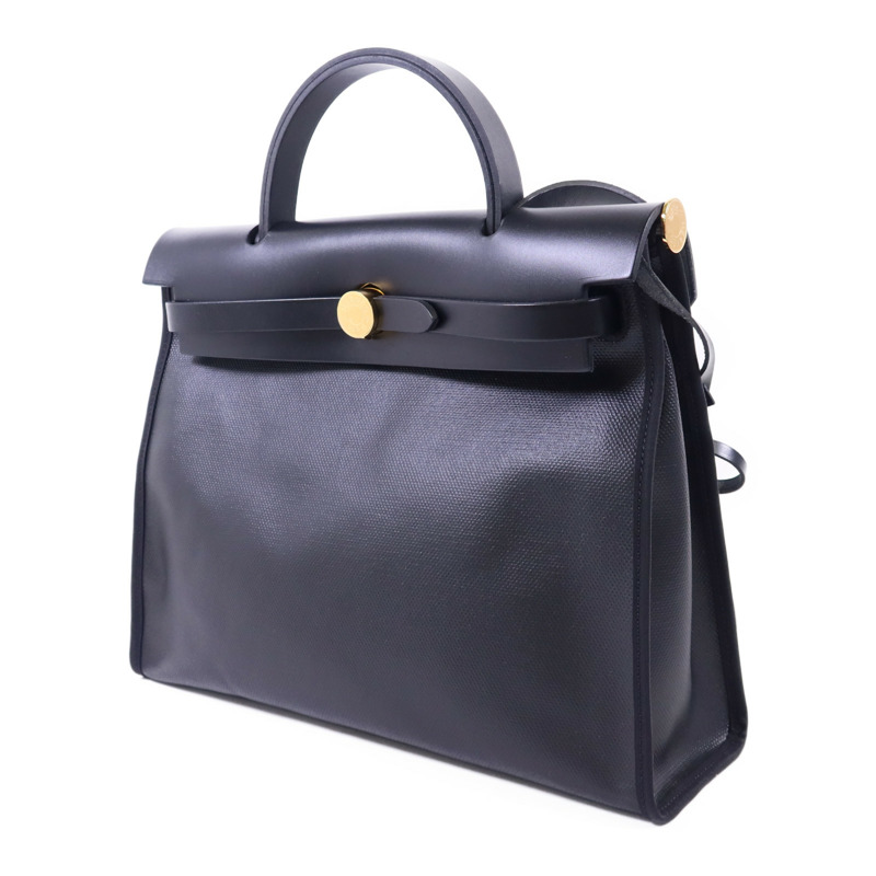 HERMES 塗層帆布Herbag PM金扣手挽肩背兩用袋Noir-2