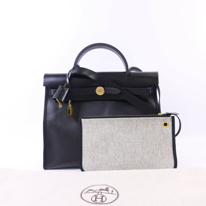 HERMES 塗層帆布Herbag PM金扣手挽肩背兩用袋Noir-17