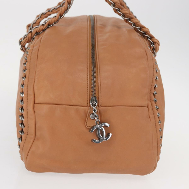 【日本直送】香奈兒奢華系列鏈條手提包，棕色皮革，銀色雙C標誌，正品編號ka1285V-3