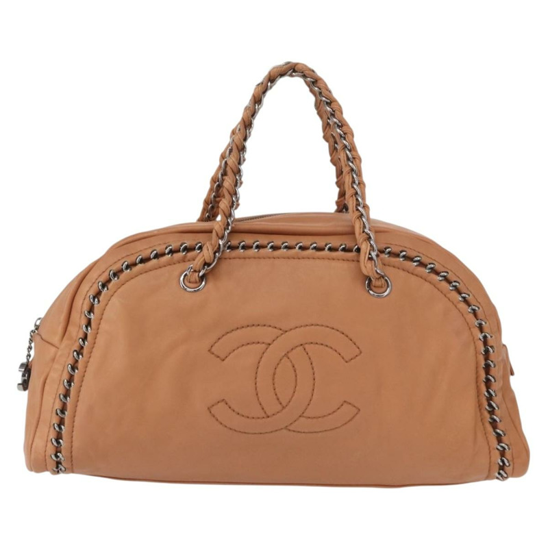 【日本直送】香奈兒奢華系列鏈條手提包，棕色皮革，銀色雙C標誌，正品編號ka1285V-12