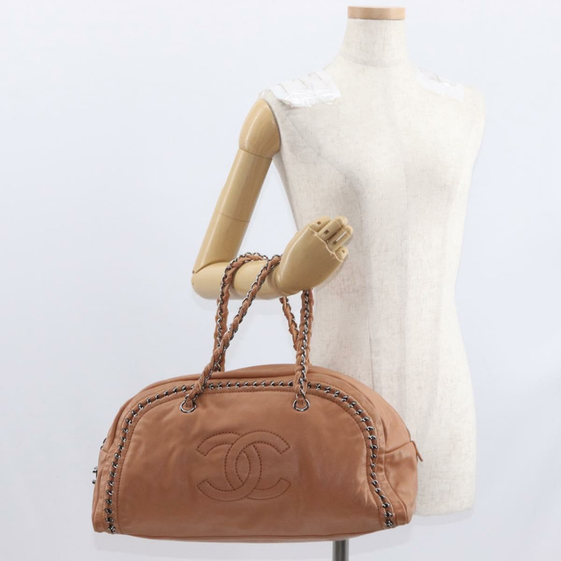 【日本直送】香奈兒奢華系列鏈條手提包，棕色皮革，銀色雙C標誌，正品編號ka1285V-23