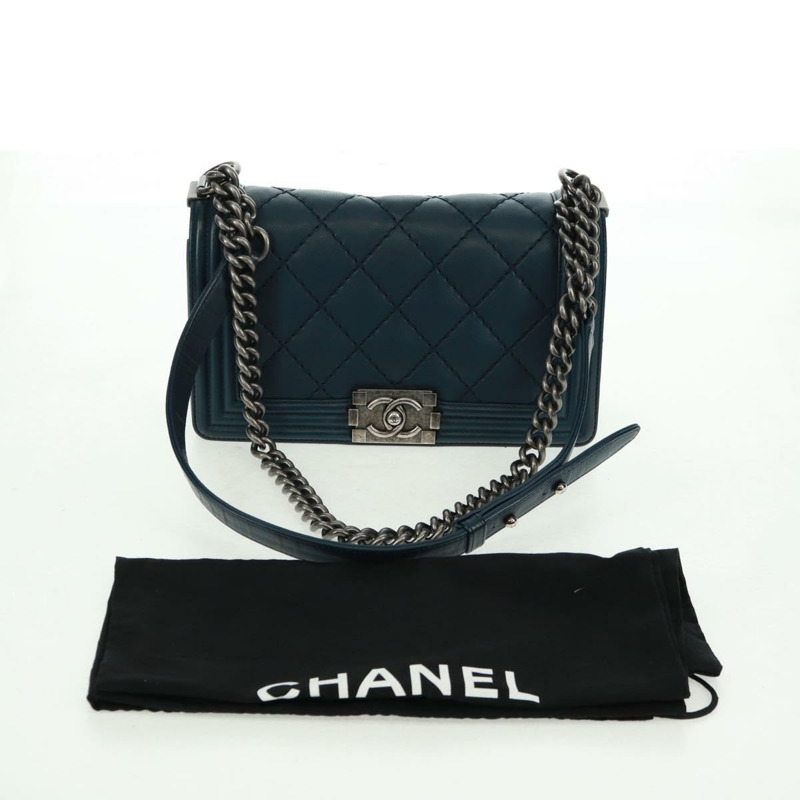 【日本直送】香奈兒 (CHANEL) 鏈條絎縫 25 Boy Chanel 包 羊皮 海軍藍 銀色 CC 正品 ka1286SAM-11