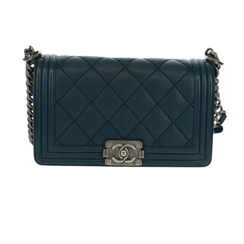 【日本直送】香奈兒 (CHANEL) 鏈條絎縫 25 Boy Chanel 包 羊皮 海軍藍 銀色 CC 正品 ka1286SAM-12