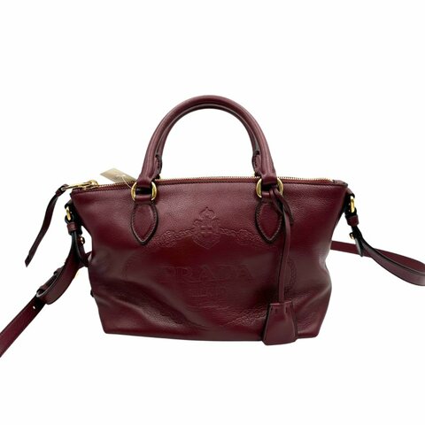 【美收精品】PRADA 復古大LOGO牛皮兩用拉鍊手提包(酒紅) C-104【隔月月中將轉賣至日本 上架期限30天】
