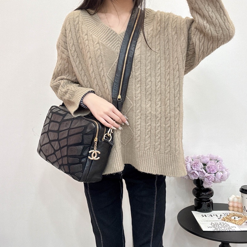 Chanel 絨毛皮革拼色相機包 vintage 中古 二手 特價-2