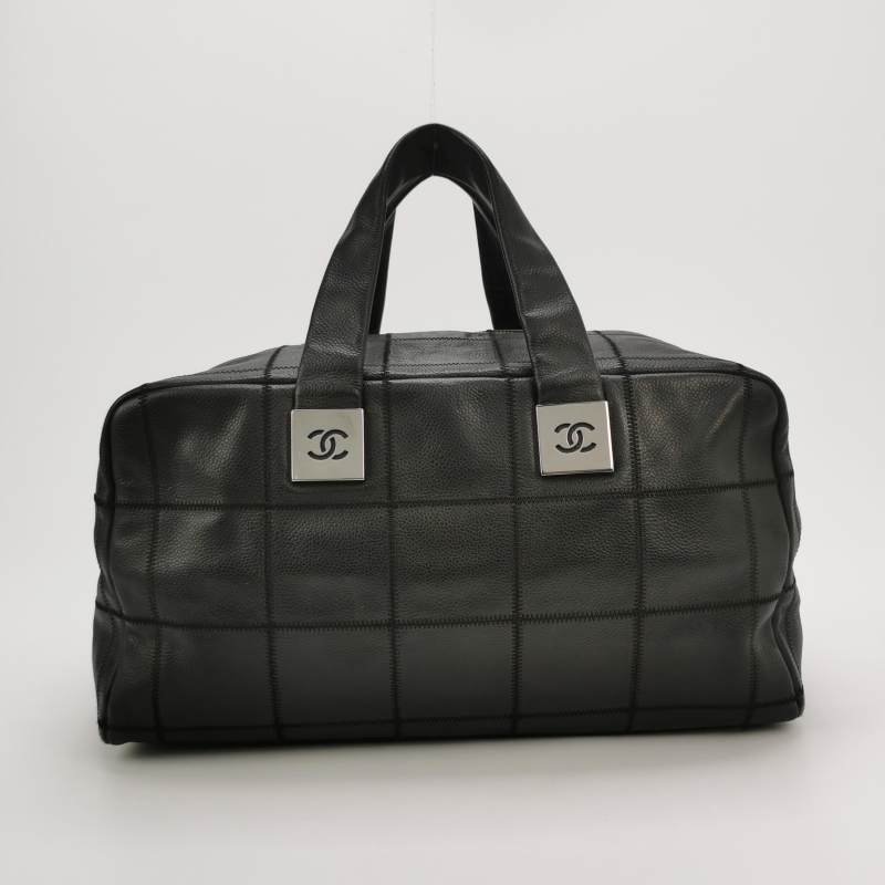 Chanel Chocolate Bar冰格牛皮純色雙Clogo冰格  紋中古手提包-4