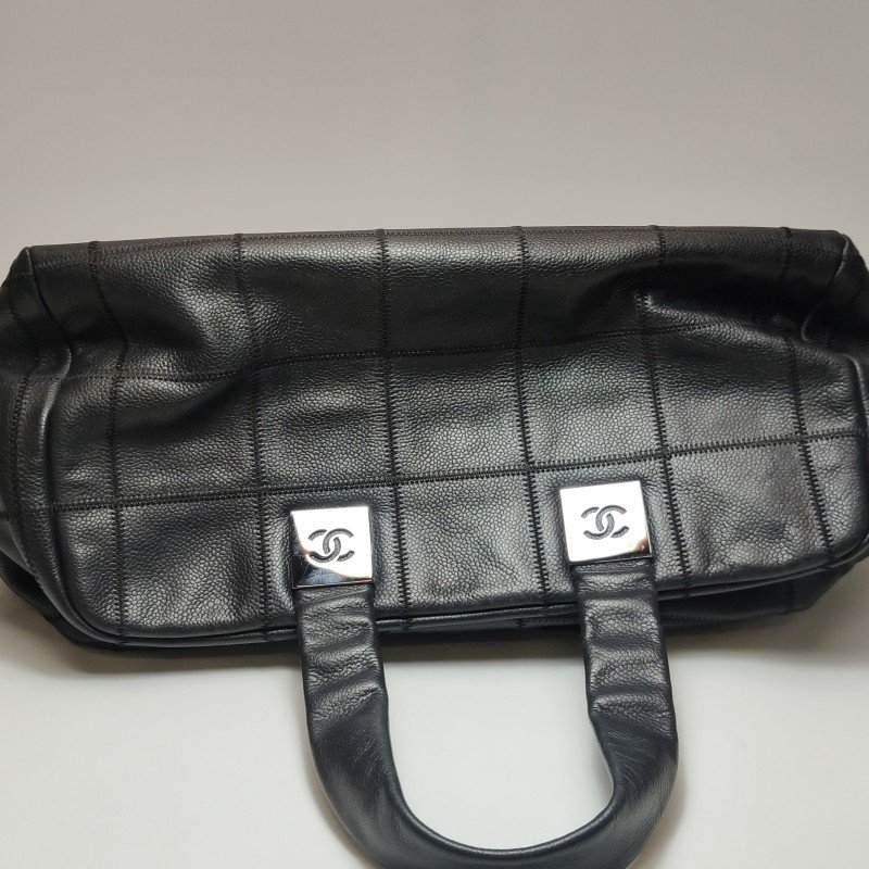 Chanel Chocolate Bar冰格牛皮純色雙Clogo冰格  紋中古手提包-15