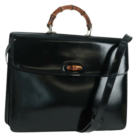 GUCCI 竹節手提包 琺瑯 兩用 黑色 金色 015 1046 3304 Auth bs32052