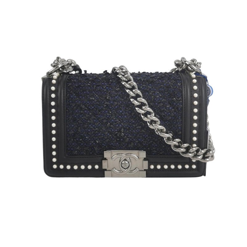 Chanel Leboy季節限定款小號牛皮拼色珍珠裝飾方形雙C鎖扣單肩包-0