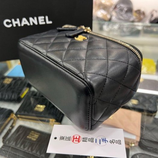 東區正精品㊣CHANEL AP2303 香奈兒黑色羊皮金球拉鍊皮穿鍊化妝箱包金球包斜背包 RZ5332-8