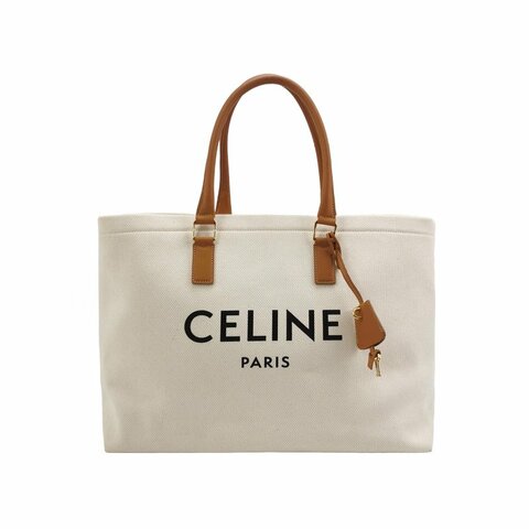 Celine Cabas牛皮帆布拼色印刷Logo單肩包
