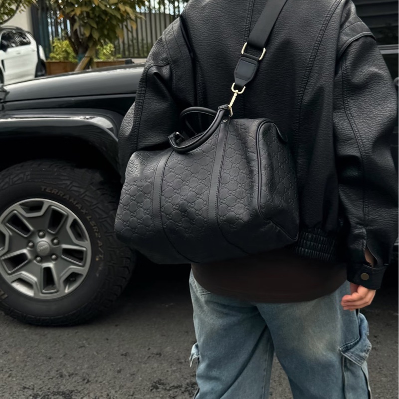 Gucci 古馳黑色壓紋波士頓手提包 無肩帶  約34*20*25 自配個寬肩帶超級好用-0