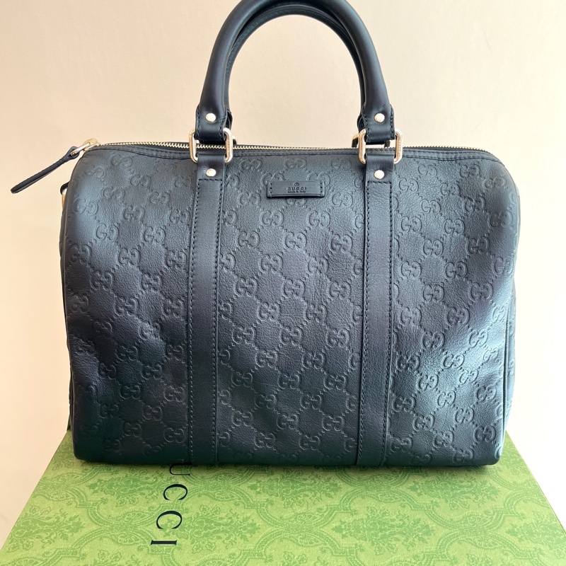 Gucci 古馳黑色壓紋波士頓手提包 無肩帶  約34*20*25 自配個寬肩帶超級好用-1