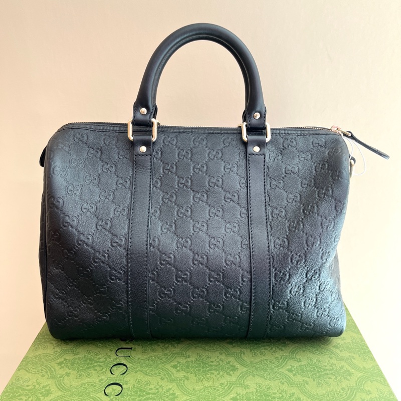 Gucci 古馳黑色壓紋波士頓手提包 無肩帶  約34*20*25 自配個寬肩帶超級好用-2