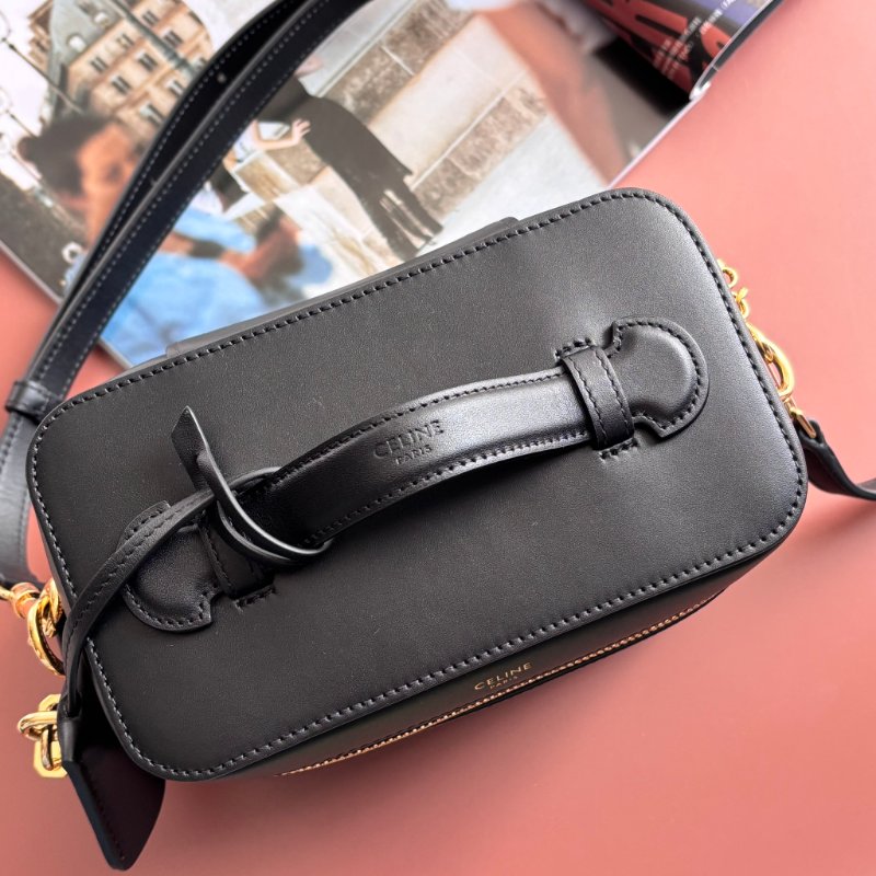 ::CELINE:: Calfskin Shoulder Bag, Crossbody Bag 黑色滑面皮革箱型化妝包 盒子包 手提包 斜背包-4