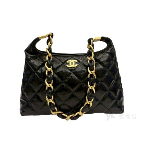 Chanel 黑油臘羊皮粗鍊肩背Hobo包AS4912-1