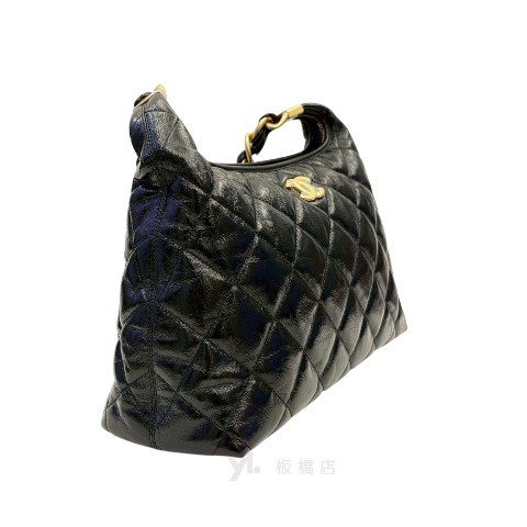 Chanel 黑油臘羊皮粗鍊肩背Hobo包AS4912-3