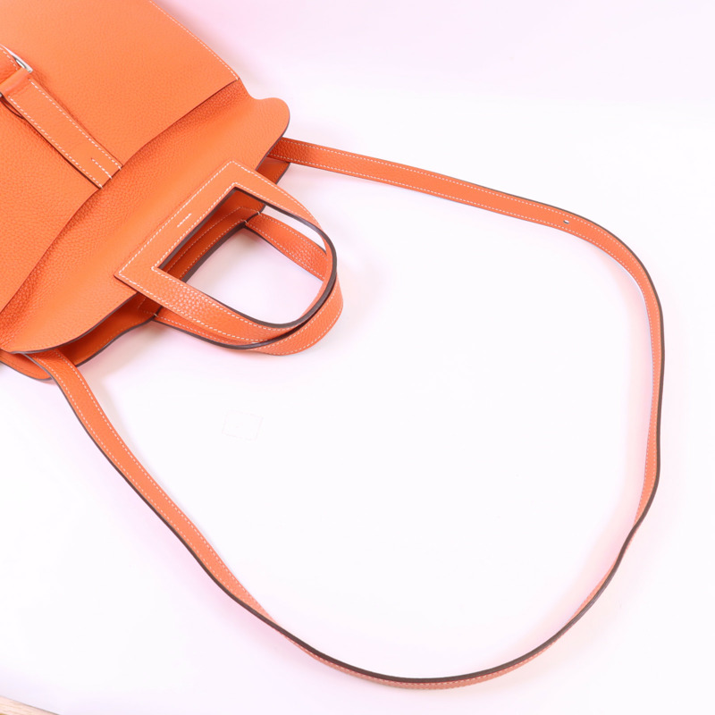 HERMES Clemence皮革Halzan 31銀扣手挽肩背兩用袋Orange Poppy-4