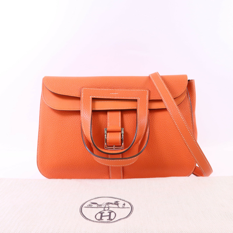 HERMES Clemence皮革Halzan 31銀扣手挽肩背兩用袋Orange Poppy-14