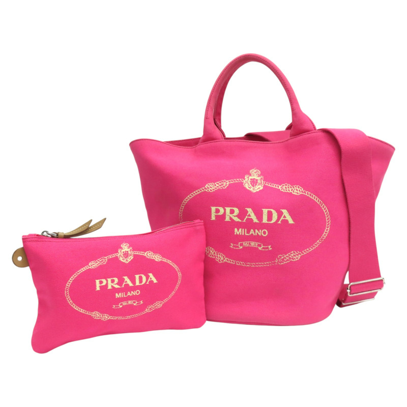 粉色帆布 棕色牛皮 Canapa tote 兩用包【PRADA 普拉達】 1BG163-0